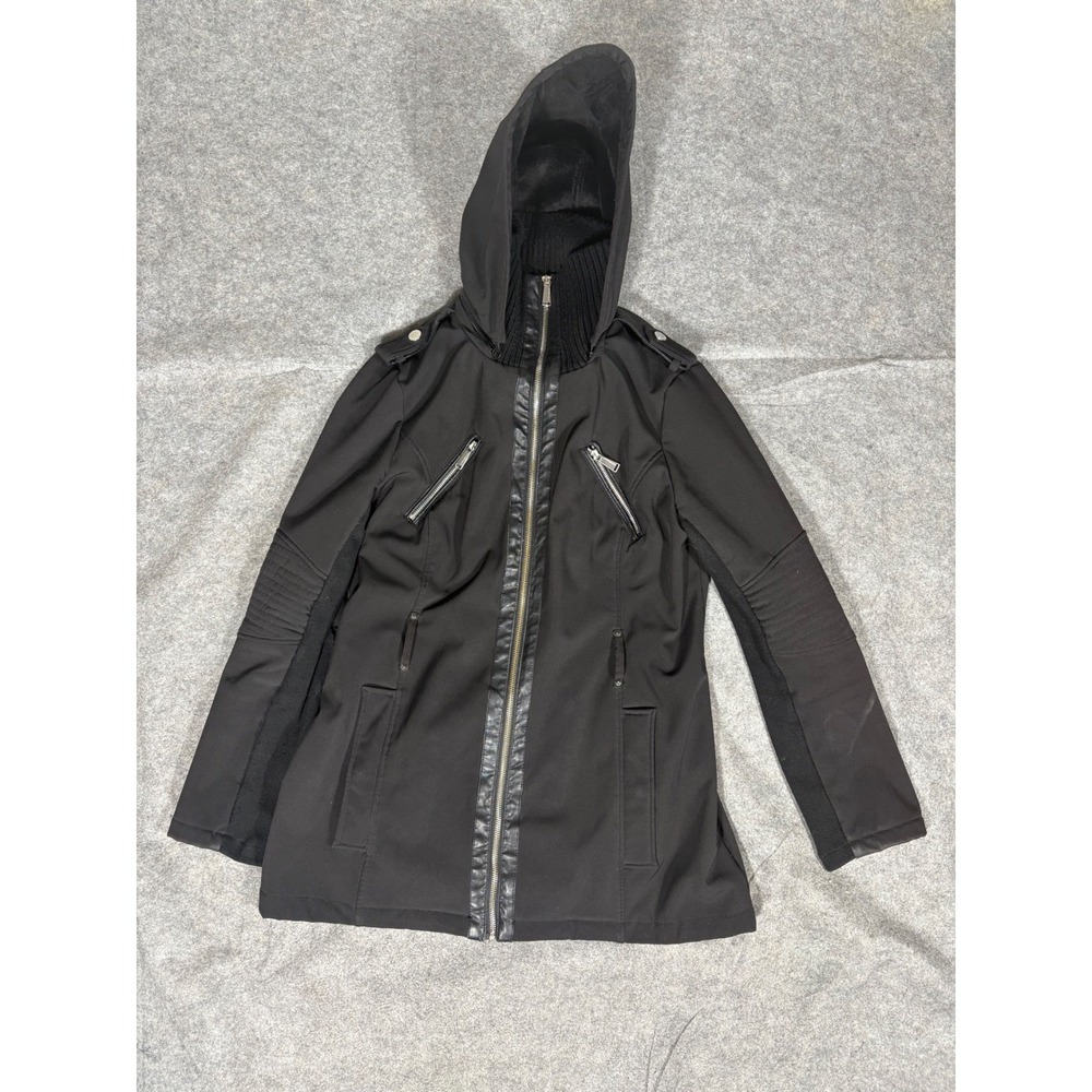 BCBGeneration Black Hooded Faux Leather Trim Moto Jacket Full Zip Size L